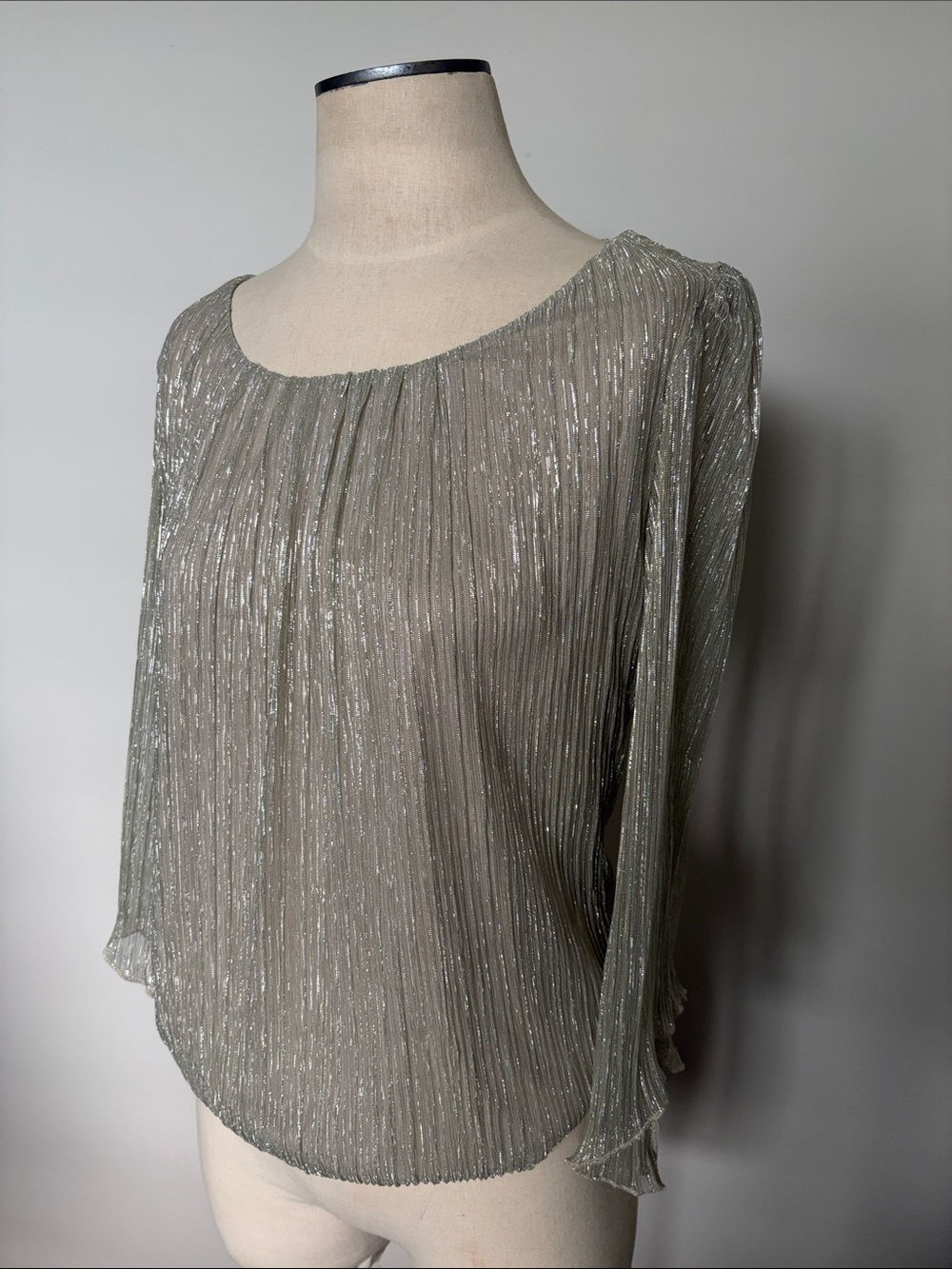 NWT Metallic Champagne Pleated Long-Sleeve Women's Top